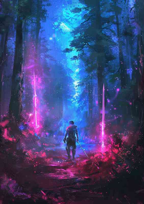 Young man walking along the path with swords | Metal Poster