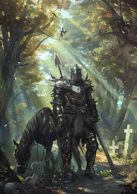 Dark fantasy armored knight and Horse | Metal Poster