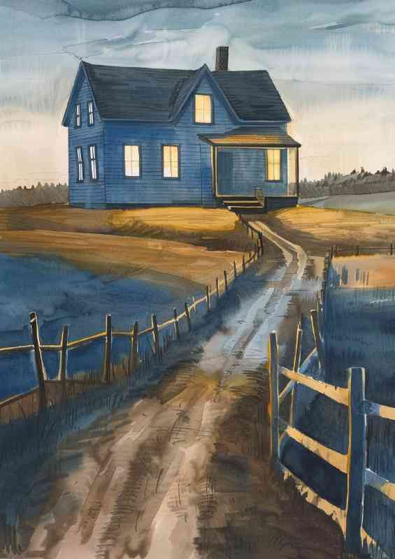 Blue farmhouse with yellow light shining through | Metal Poster