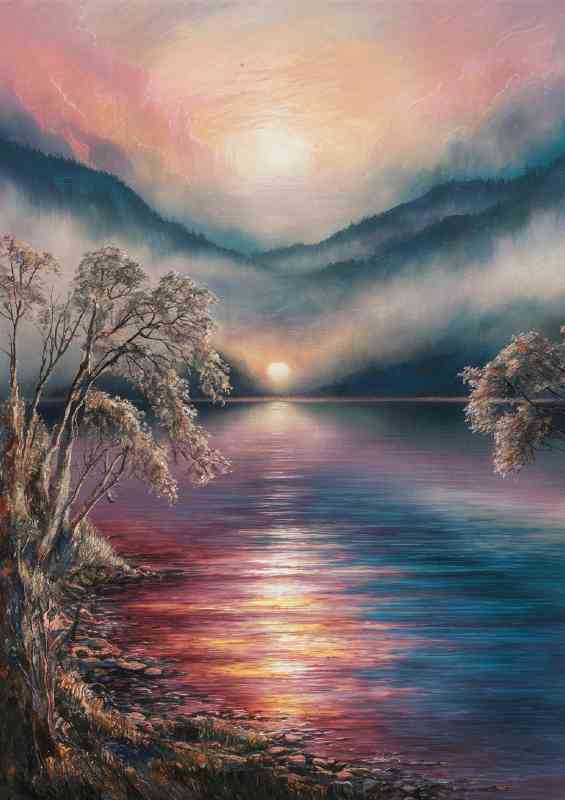 Breathtaking serene lake with mist setting | Metal Poster