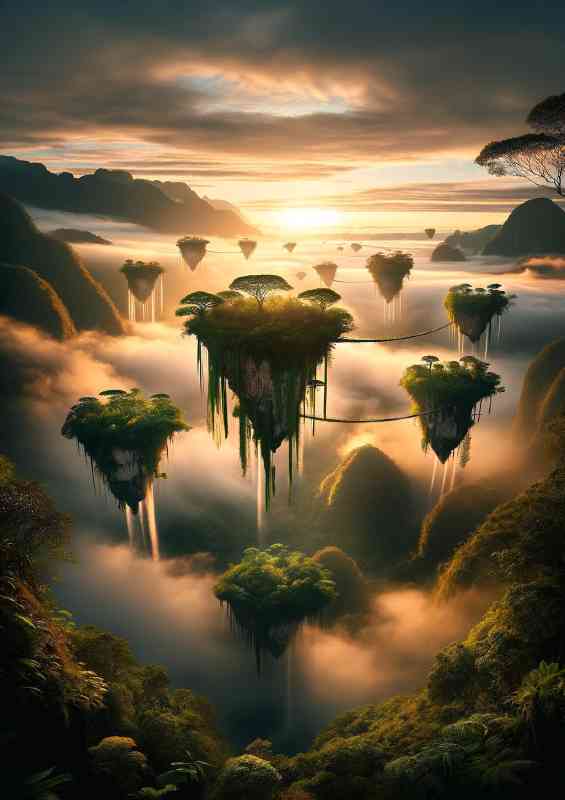 Ethereal beauty of floating islands above a misty valley | Metal Poster