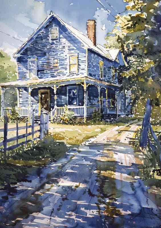 Farmhouse with a white porch and the lane | Metal Poster