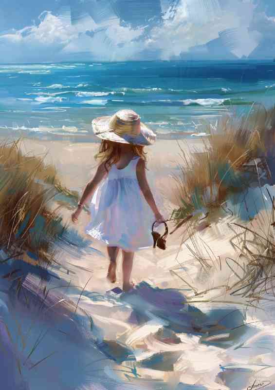 Girl in a white dress and sun hat walking alone | Metal Poster
