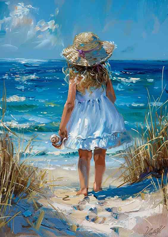 Little girl in a white dress and sun hat walking to the beech | Metal Poster