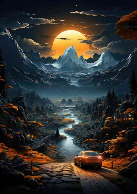 Midnight moon looking down the valley | Metal Poster
