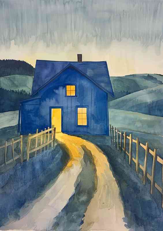 The blue farmhouse with yellow light | Metal Poster