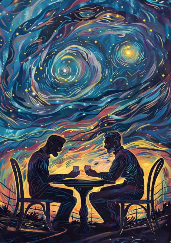 Two men sitting together playing with cards | Metal Poster