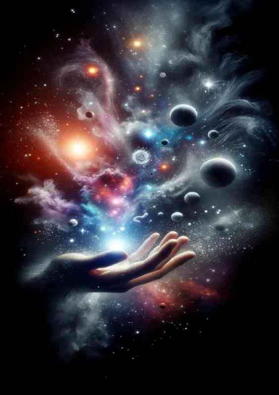 Hand dispersing a cloud of cosmic dust into celestial bodies | Metal Poster
