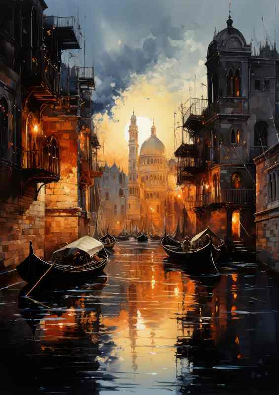 Canals Midnight Boats Peacefully Rest | Metal Poster