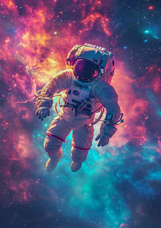 Astronaut flying in space with amazing colours | Metal Poster
