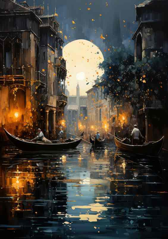 Canals Midnight Tale Boats Rest Peacefully | Metal Poster