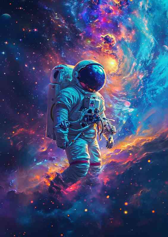 Astronaut in neon sky colours | Metal Poster