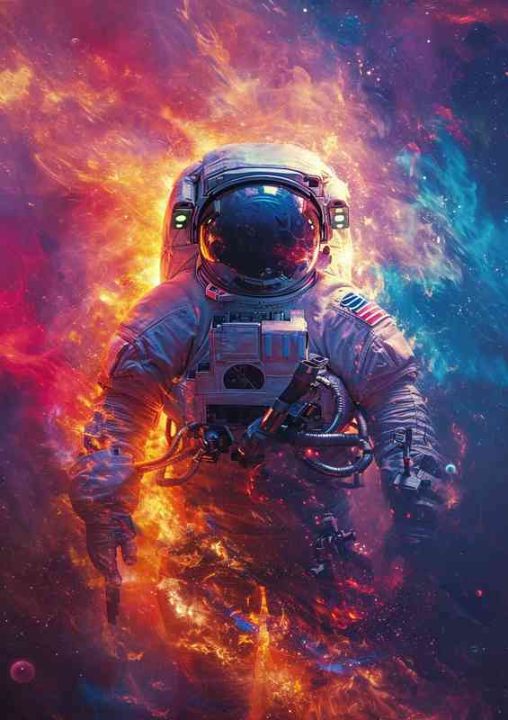 Astronaut in space with clour clouds | Metal Poster