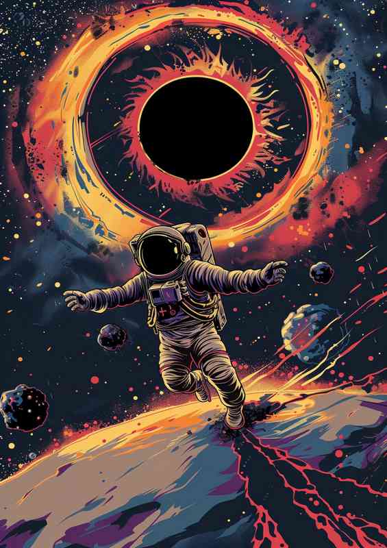 Astronaut taking off in space above a giant black hole | Metal Poster