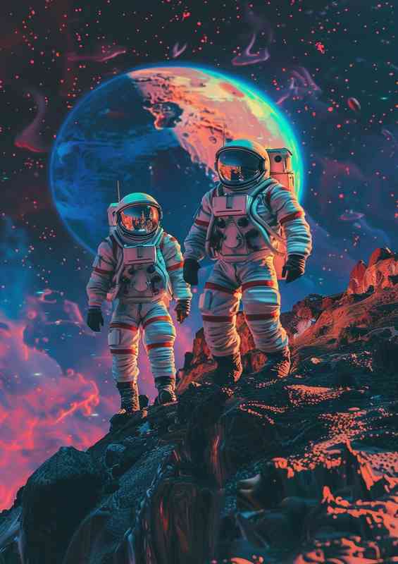 Astronauts in space walking over giant planets | Metal Poster