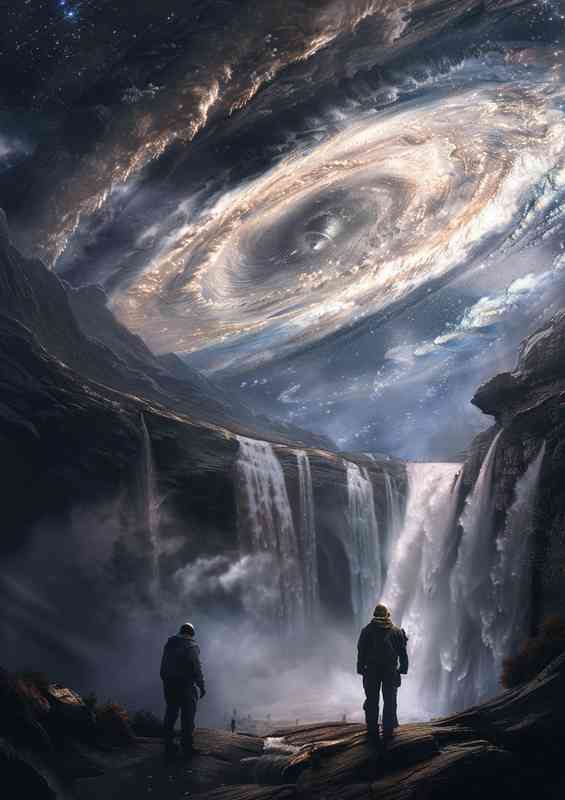 Fallen galaxy with men standing | Metal Poster