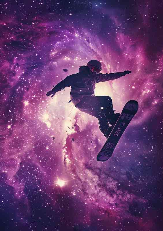 Person on a snowboard flying in space | Metal Poster