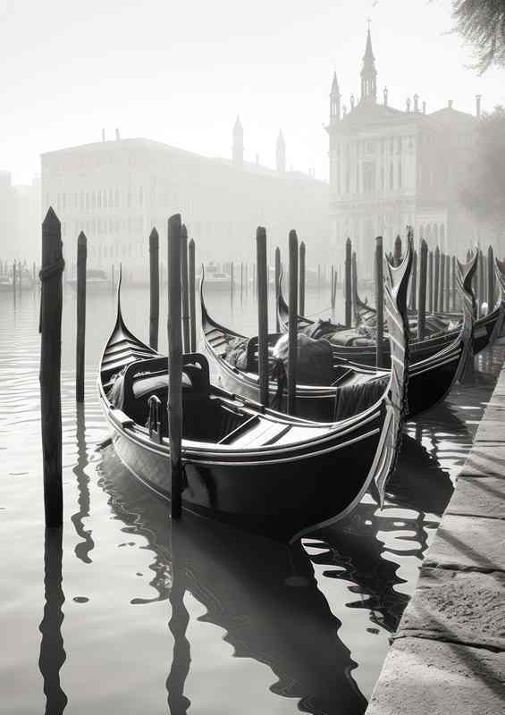 Docks greyscale Embrace Gondolas Await Journey | Metal Poster
