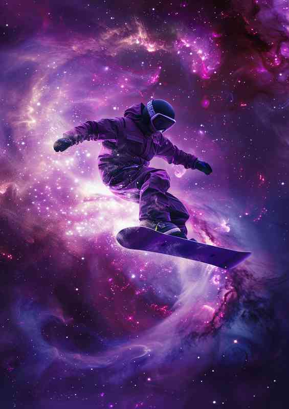 Snowboard flying in space purples | Metal Poster
