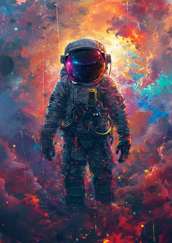 Spaceman walking in colourful clouds | Metal Poster