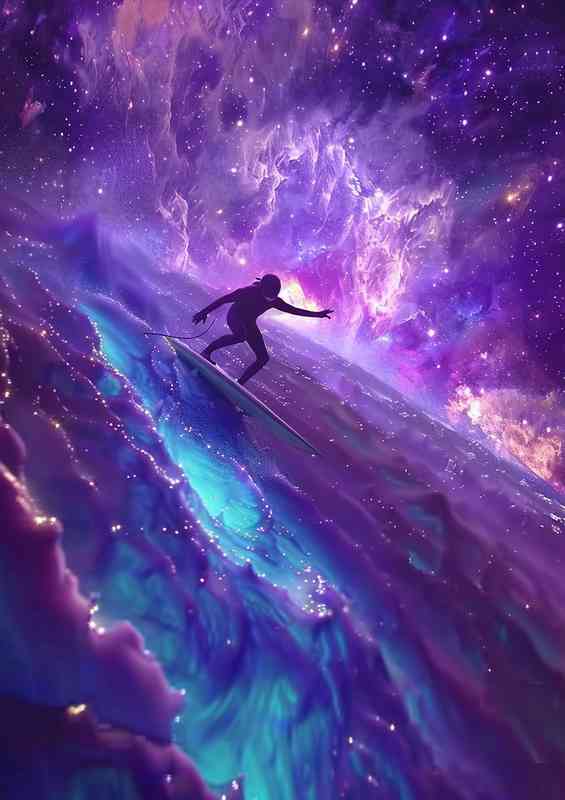 Surfboarder surfing in space clouds | Metal Poster