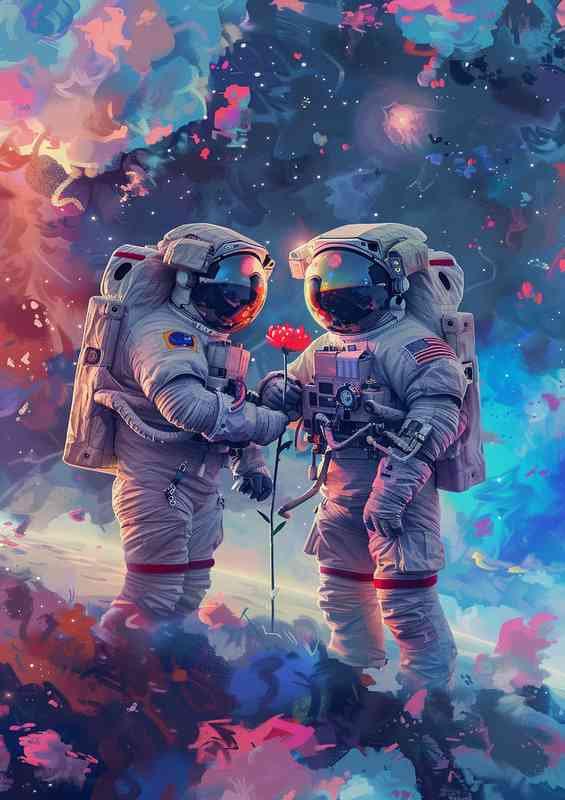 Two Astronauts are in space holding a flower | Metal Poster