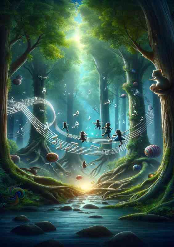 Children floating on musical notes through a mystical forest | Metal Poster