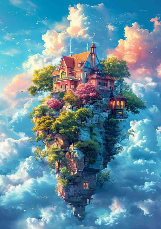 Colourful House in the clouds | Metal Poster