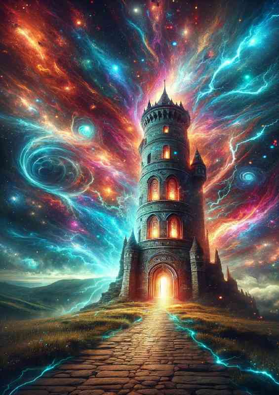 Enchanted tower standing tall amidst a vibrant cosmic storm | Metal Poster