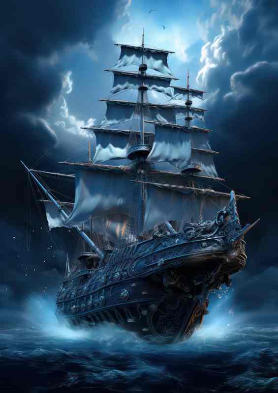 Moonlit Voyage Galleon Sails Midnight Waves | Metal Poster