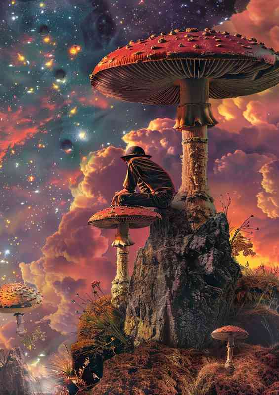 Man on a mushroom fantasy galaxy | Metal Poster