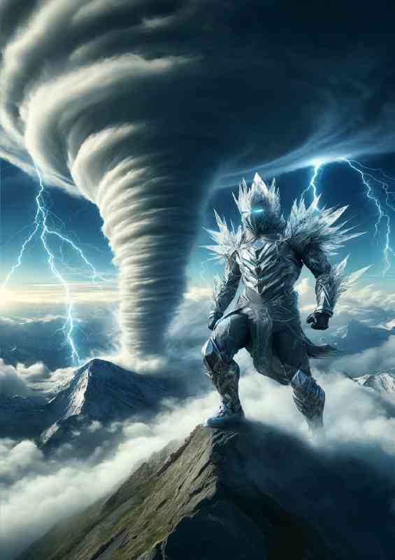 Warrior in air themed armor tornado on a high mountain | Metal Poster