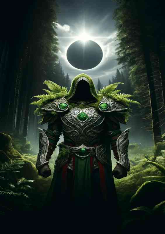 Warrior in earth themed armor emerging from a dense forest | Metal Poster
