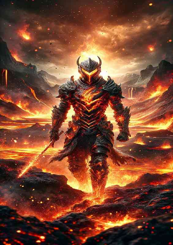 Warrior in fire themed armor in a volcanic crater | Metal Poster