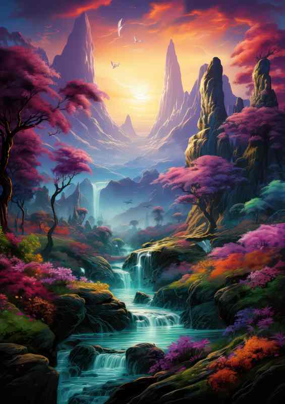 Mountain Majesty Rainbow Cascades With Falls | Metal Poster
