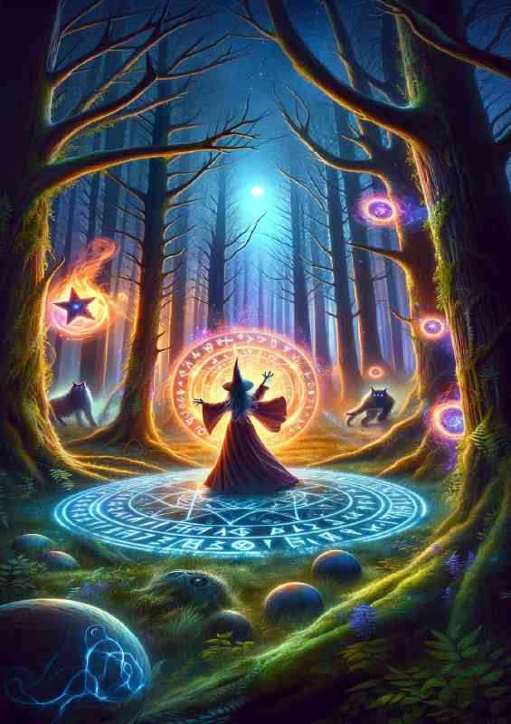 Wise Witch casting a powerful spell in an enchanted forest | Metal Poster