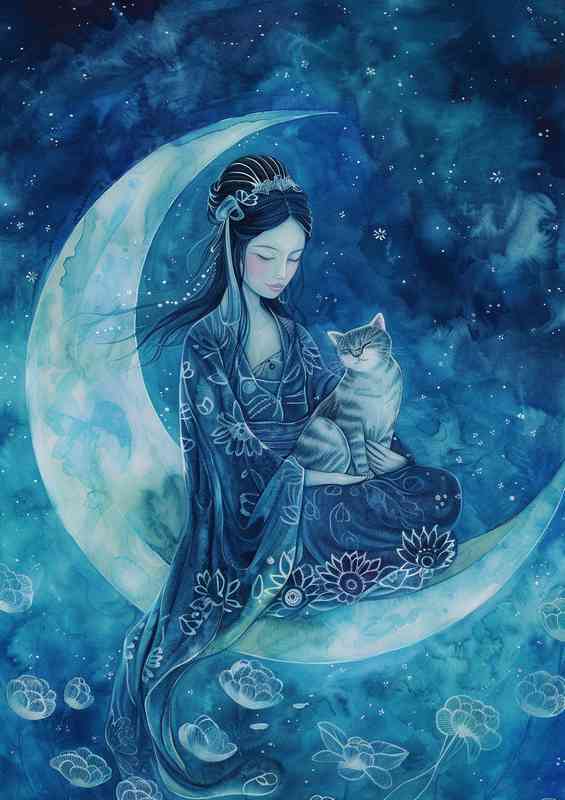 Woman sits on the blue moon with a Cat | Metal Poster