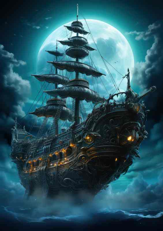 Nights embrace Galleons Moonlit Sea Journey | Metal Poster