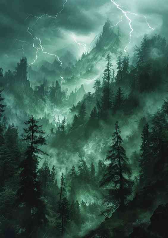 The green mountain forest with lightning | Metal Poster