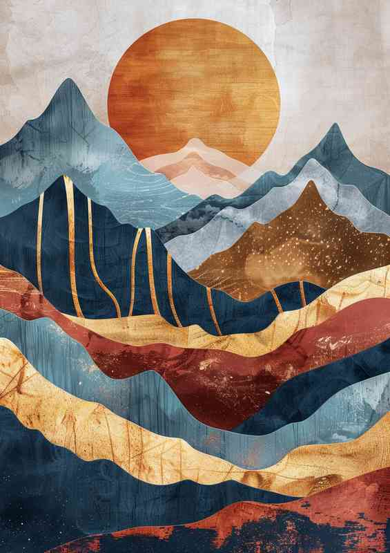Abstract mountains and sun in earth tones with gold | Metal Poster