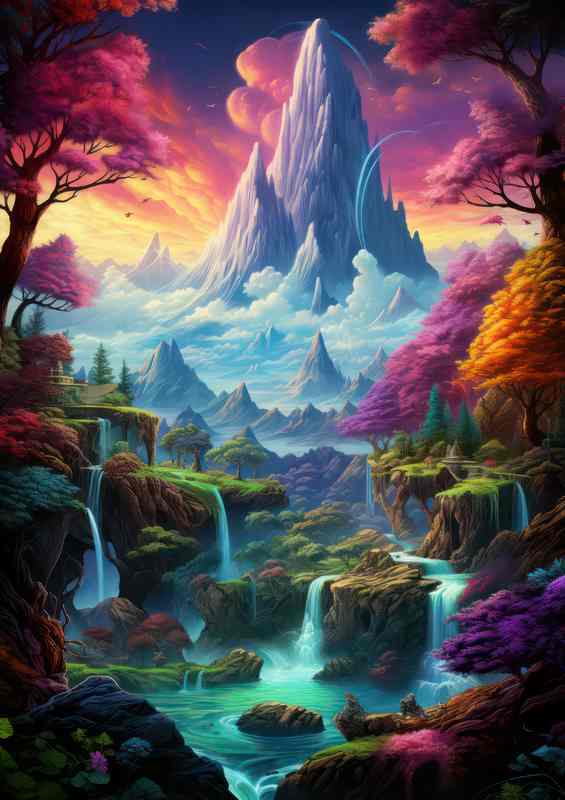 Shimmering Heights Mountain Falls Rainbow Dream | Metal Poster