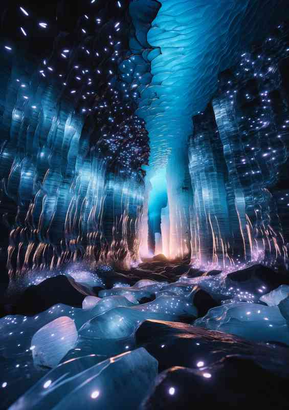 Glacier cavern illuminated by thousands of glow worms | Metal Poster