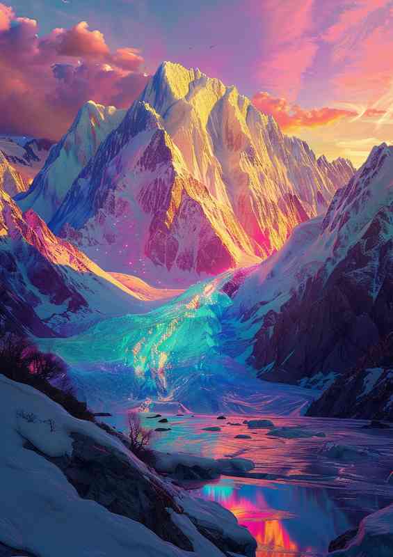 The glacier is glow on the mountains from the sky | Metal Poster