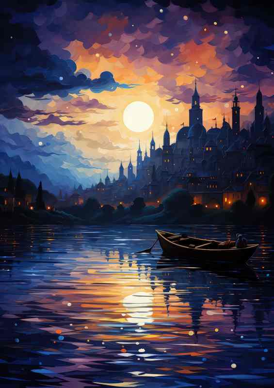 Small Boats Dream Serene Waters Night | Metal Poster