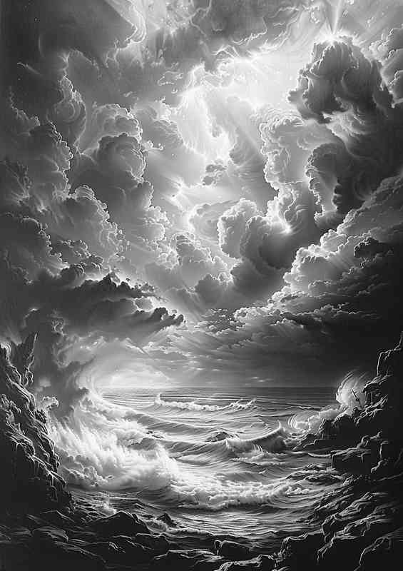 A Black and white picture of an ocean with clouds | Metal Poster