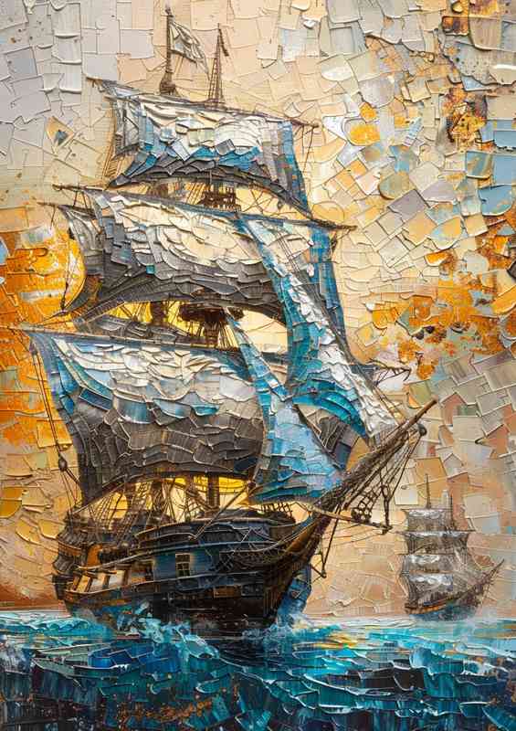 A blue ship with a large sails in the sea | Metal Poster