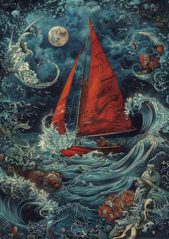 A red sail boar surrounded by big sea vaves | Metal Poster