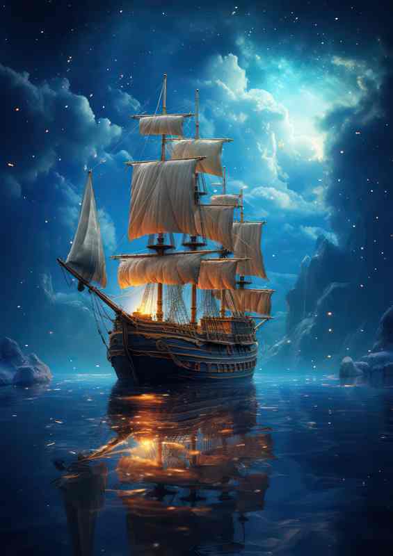 Starry Nights Sail Galleons Dreamy Voyage | Metal Poster