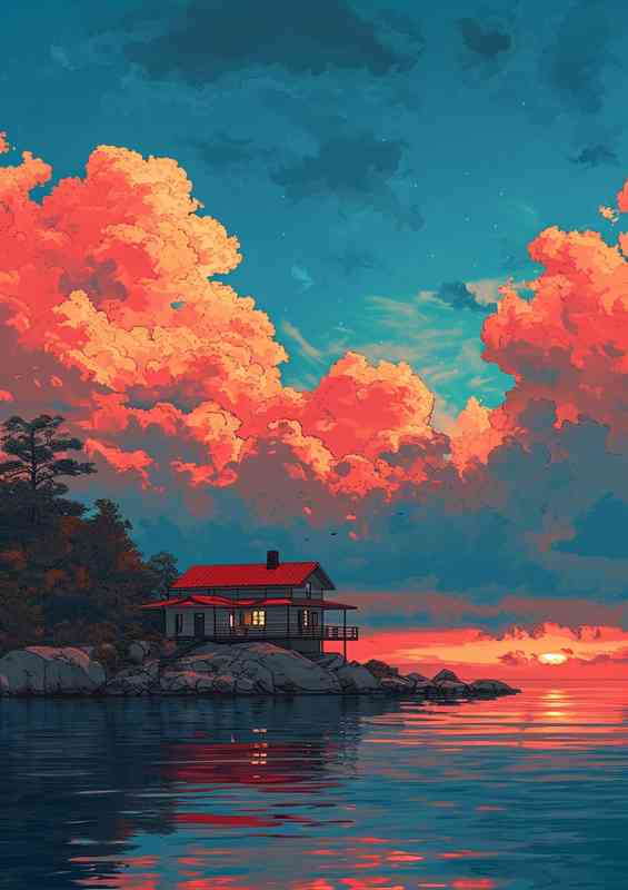 House on the lake with a cloudy sky | Metal Poster