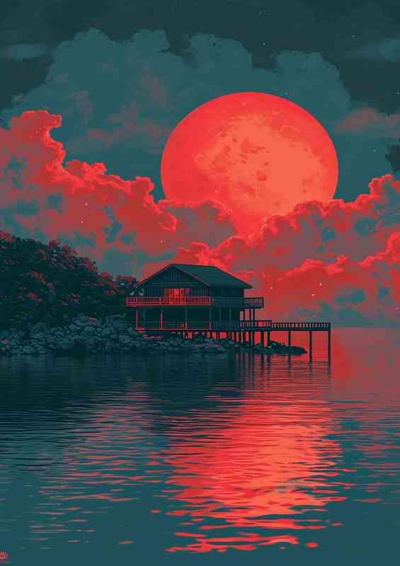 House on the lake with a setting sun | Metal Poster